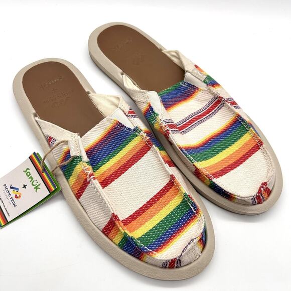 Sanuk Shoes Womens Size 11 Pacific Pride Foundation Rainbow Canvas Slip On - Picture 3 of 7